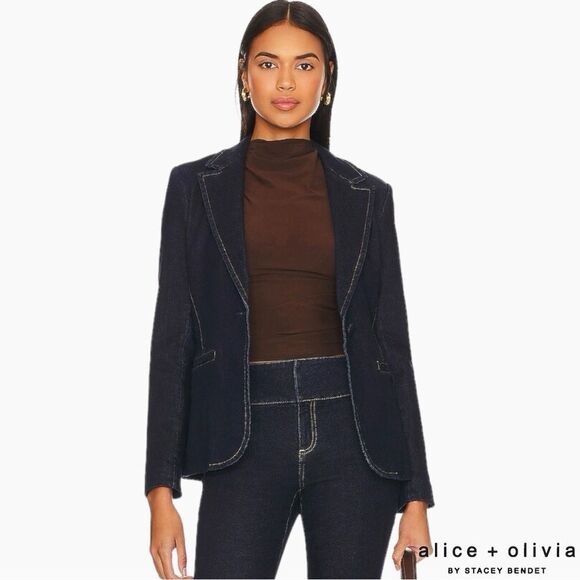 Alice + Olivia **NWT** Macey Dark Rinse Denim Fitted Blazer - Picture 1 of 16